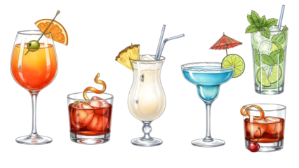 a set of cocktails: gin tonic, blue lagoon, tequila sunrise, iced irish coffee, pina colada, mai tai, cocktail with rum, whiskey, mojito, bar menu drinks, cocktails isolated PNG