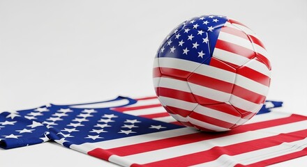Creative display of a soccer ball on a red and white striped jersey featuring US flag colors
