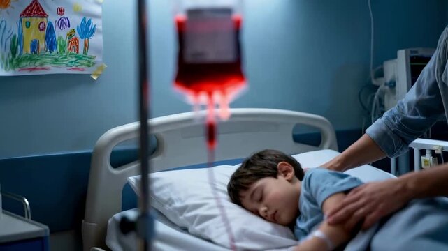 A sick child sleeps in a hospital bed receiving a blood transfusion as a parent's hand offers comfort, a poignant scene of childhood illness, medical treatment, and parental love