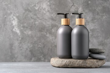 Two dark gray, matte-finish pump bottles with light brown wooden tops sit on two stacked, natural gray stones.  Gray textured wall backdrop