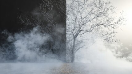 Duality of bare trees in dark light and white fog