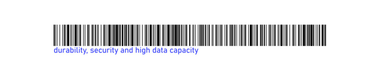 A black and white barcode with text underneath highlighting its advantages durability, security, and high data storage capacity. Vector