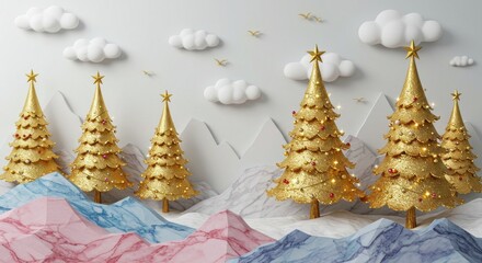 golden cone trees with floating clouds — whimsical decorative nature scene on light background