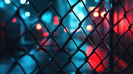 Chain link fence in urban night setting with colorful bokeh