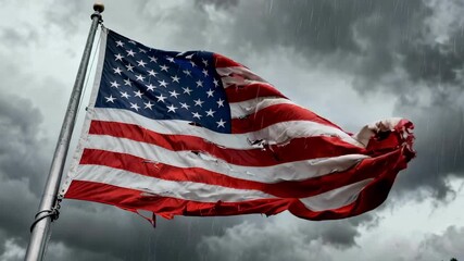 A tattered and torn american flag waves against a stormy sky, a powerful symbol of a nation in crisis, political turmoil, social division, and the concept of national decline