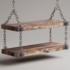 An artistic view of two wooden shelves connected by iron chains and metallic elements. The shelves are suspended and designed for display. 