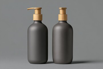 Two dark gray/black rounded bottles with light brown/tan pump tops