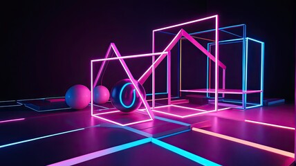 Abstract futuristic glowing neon geometric shapes on dark reflective background