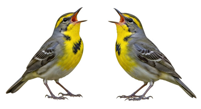 Isolated Two Singing Canada Warbler Birds Calling Out to Each Other, Songbirds in a Group