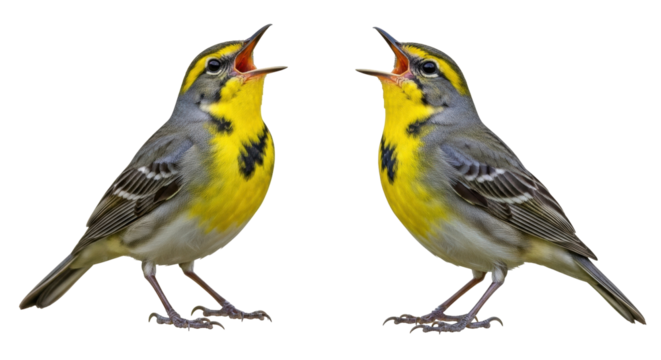 Isolated Two Singing Canada Warbler Birds Calling Out to Each Other, Songbirds in a Group
