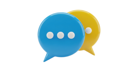 Isolated 3D rendering of two speech bubbles, one blue and one yellow, against neutral backdrop