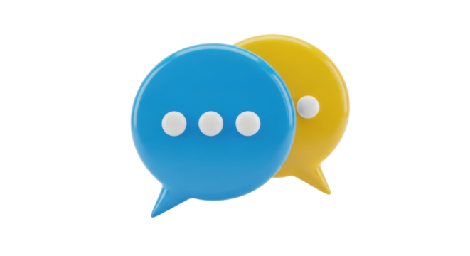 Isolated 3D rendering of two speech bubbles, one blue and one yellow, against neutral backdrop