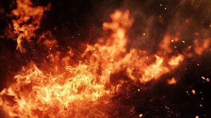 Fire burning with sparks and smoke on black background