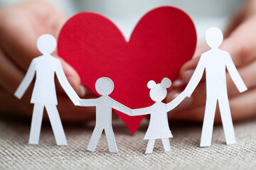 Close up, Paper cutout of family with heart, concept of social protection