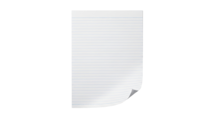 Isolated sheet of lined paper for writing or drawing, notepad for taking notes