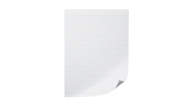 Isolated sheet of lined paper for writing or drawing, notepad for taking notes