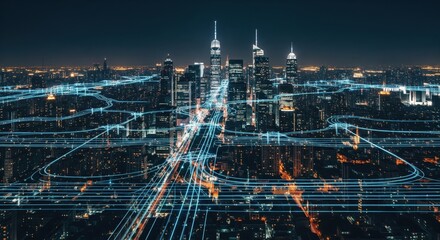 Modern city at night with illuminated energy grid