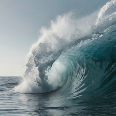 A powerful ocean wave cresting with clear water and spray, dramatic movement from the sea for nature and power concept.