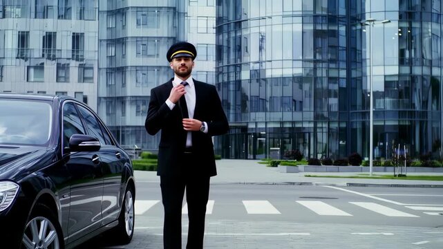 A chauffeur in a formal suit stands beside a black car in front of a modern glass building