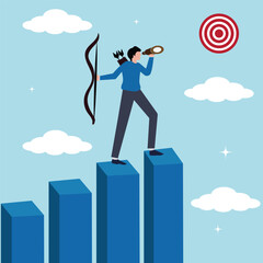 Vision to see next goal, business man searching to success with binoculars. Motivation to success, forecast and business prediction, Businessman step on rise up graph look for next goal. 