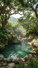 Fototapeta premium Sunlit Tropical Pool with Waterfall and Lush Greenery