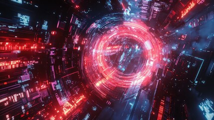 Obraz premium Futuristic tunnel featuring cybernetic city architecture with neon lights