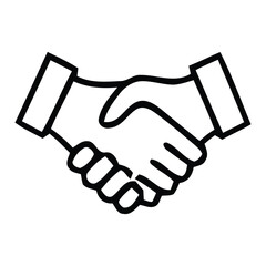 Black and white line icon of two hands shaking in agreement or partnership in handshake, agreement, partnership, vector illustration.