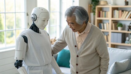 Obraz premium Humanoid Robot Caregiver Assisting Elderly Man Walking in Bright Living Room for Daily Support
