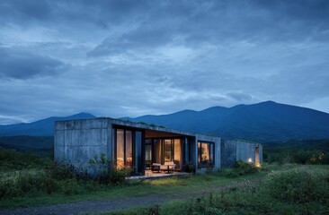 Naklejka premium Modern concrete cabin nestled in a rural landscape under a twilight sky.