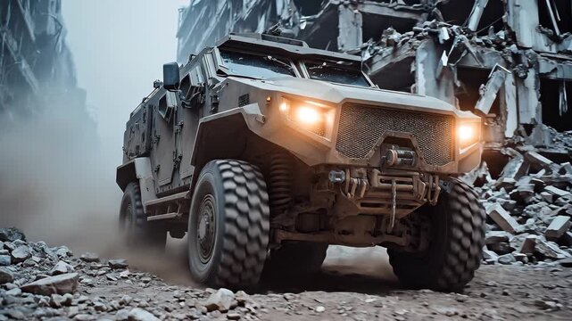 Armored military vehicle driving through warzone street. Dust, power and tension in a combat environment.
