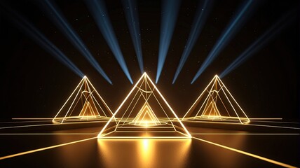 Abstract golden pyramids with blue light beams futuristic design