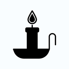 Candle And Lamp Icon In Black Silhouette With Flame On Holder, Decorative Vector Illustration Stylized