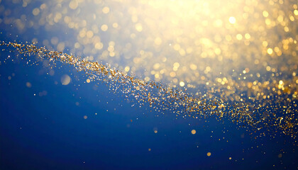 Holiday gold confetti bokeh on midnight blue with elegant sparkle and gentle vignette