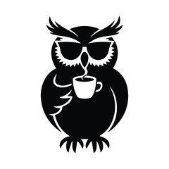 Stylized black owl wearing sunglasses holding a coffee cup enjoying a beverage silhouette