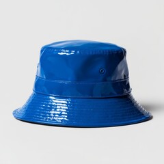 A vibrant blue bucket hat, showcasing a sleek, glossy finish