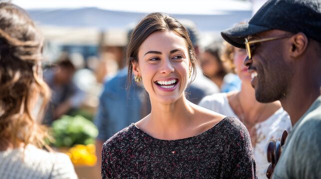Candid photograph of a diverse group of people chatting and laughing at an outdoor farmer's market, focus on community interaction and local business, bright daylight.