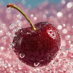 Glistening Red Cherry with Effervescent Bubbles on a Dreamy Pink Bokeh Background.