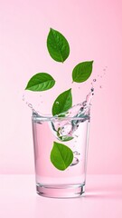 Water splashing from a glass with green leaves falling against a pink backdrop