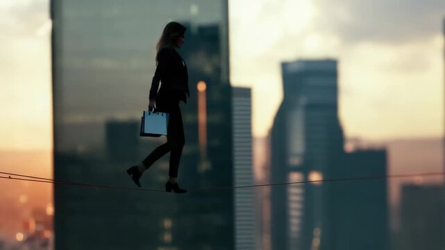 Professional woman balancing briefcase while navigating tightrope between towering buildings, symbolizing corporate risk and ambitious career journey at golden hour