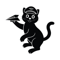 Whimsical black cat character wearing a hat holding a paper airplane with a playful pose silhouette