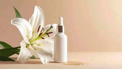 Dropper bottle of skincare sits beside a white lily on a peach background