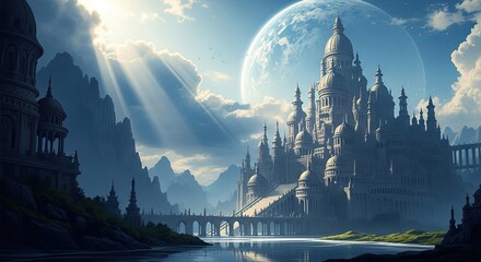 Fantasy realm palace architecture celestial body sunbeams water landscape