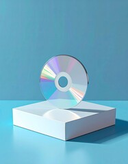 Shiny compact disc centered atop a white cube on a blue gradient background