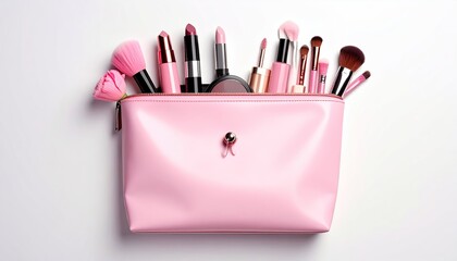 Pink makeup bag overflowing with beauty tools, lipsticks, and brushes