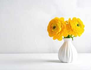 Two bright yellow flowers in a small white vase against a soft white background