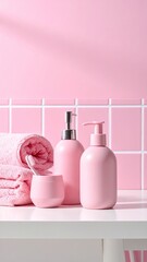 Pink bathroom setup with towels, soap dispensers, toothbrush, and a cup