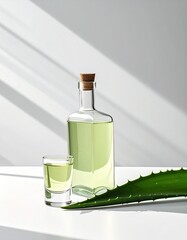 Clear bottle and shot of liquid with aloe leaf on white surface, sunlight