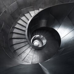 Fototapeta premium Dramatic Spiral Staircase - Metallic Curves and Shadows in a Modern Architectural Design.