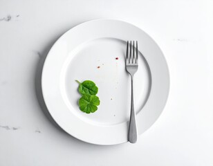 White plate with residual food and a fork, top-down view on a marble surface