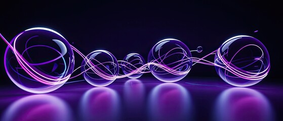 Abstract glowing spheres and luminous purple energy lines on dark reflective surface